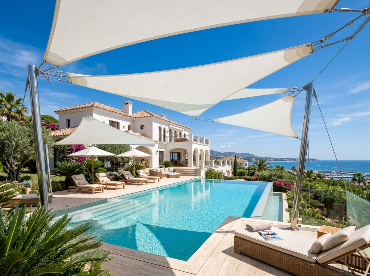 Velas tensadas de protección solar junto a piscina de lujo